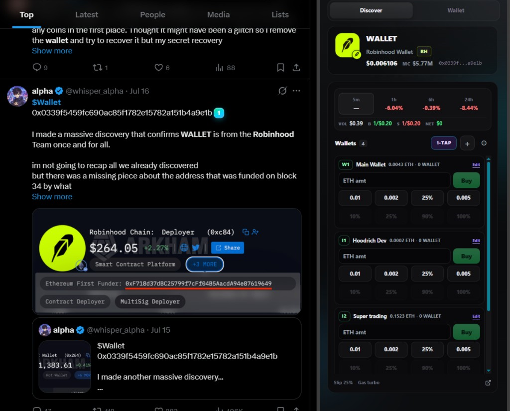 Wakura Wallet side panel detecting and trading a token found on X